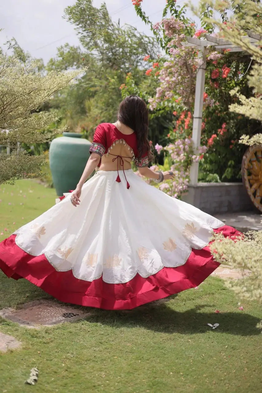 Women's Festive Ivory White Lehenga Set with Maroon Contrast Border, Embroidered Choli, and Elegant Ethnic Style