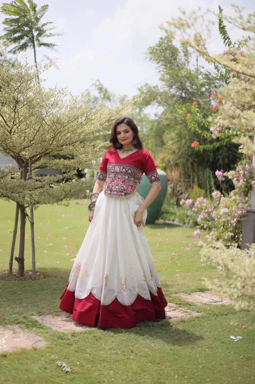 Gorgeous White Ethnic Lehenga with Traditional Embroidered Blouse, Decorative Hemline, and Timeless Indian Fashion