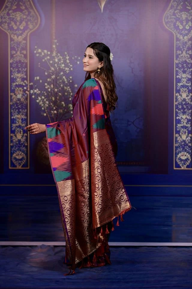 Maroon Zari Woven Border Soft Silk Saree