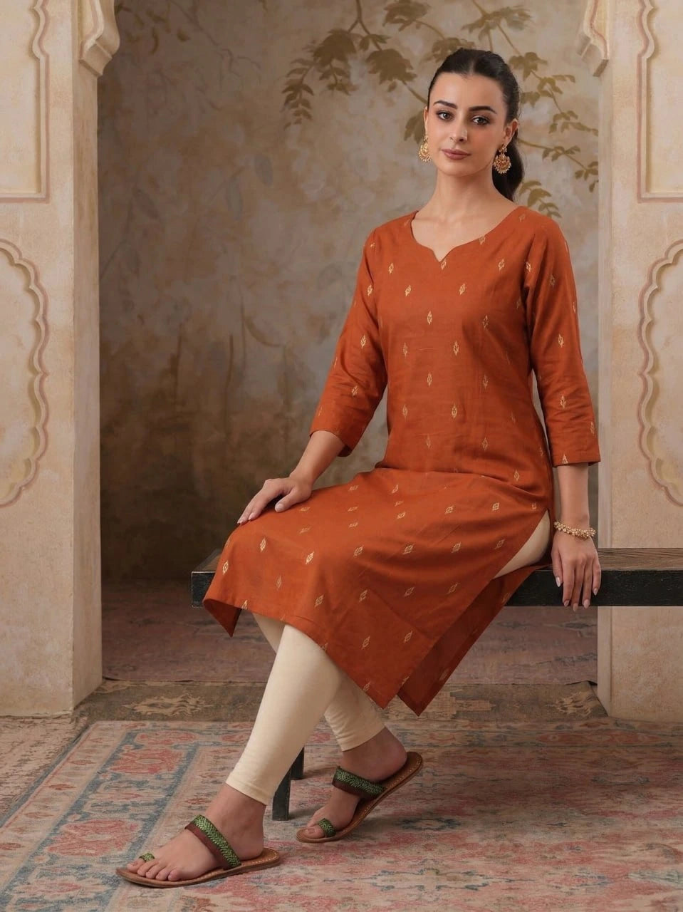 Woman in an orange kurta sitting in a decorative room with patterned walls and rug.