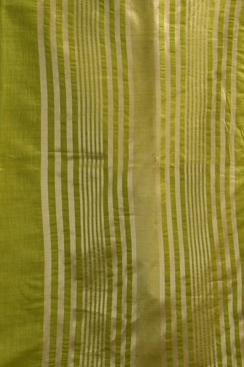 Green fabric with white vertical stripes