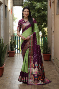 Middle Green Yellow Bandhej Silk Saree