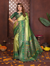 Middle Green Yellow Soft Pure Banarasi Tissue Silk Saree