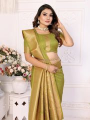 Woman wearing a green saree with a white background