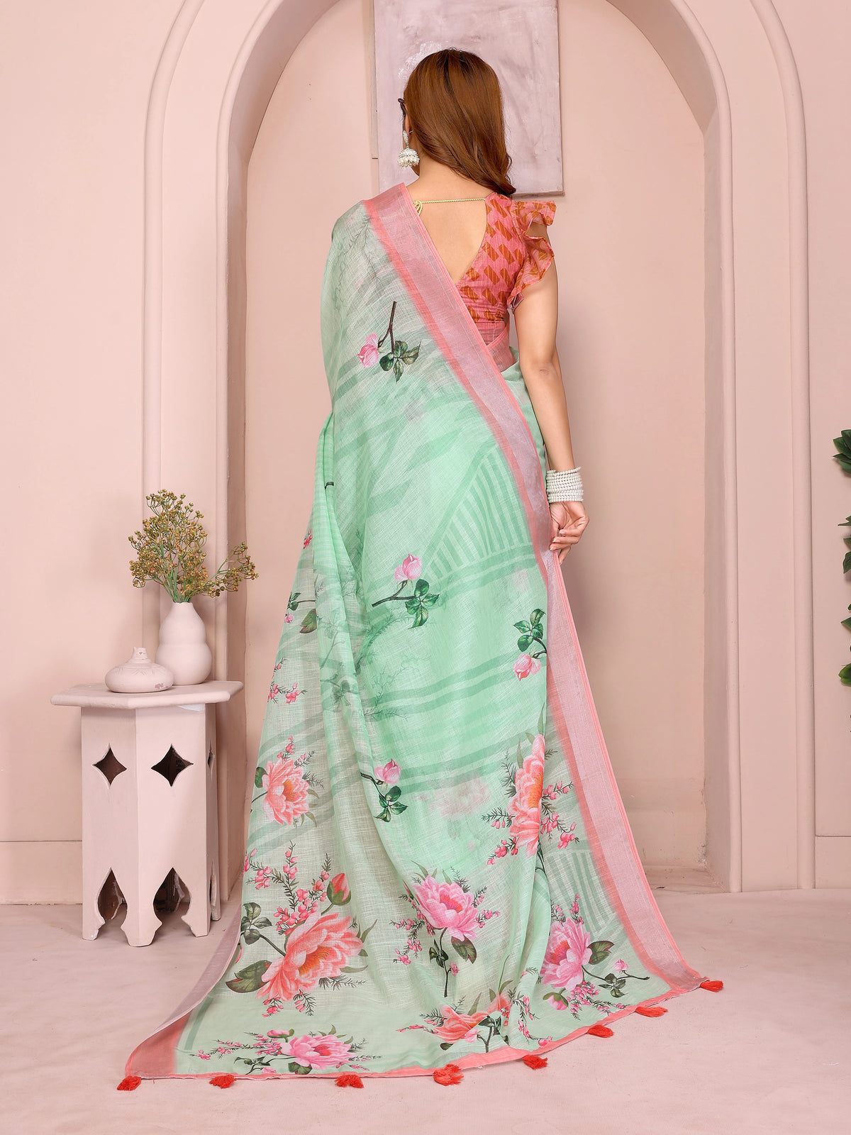 Mint Green Digital Floral Print Saree back view – large pink peony pallu with contrast pink border spread full