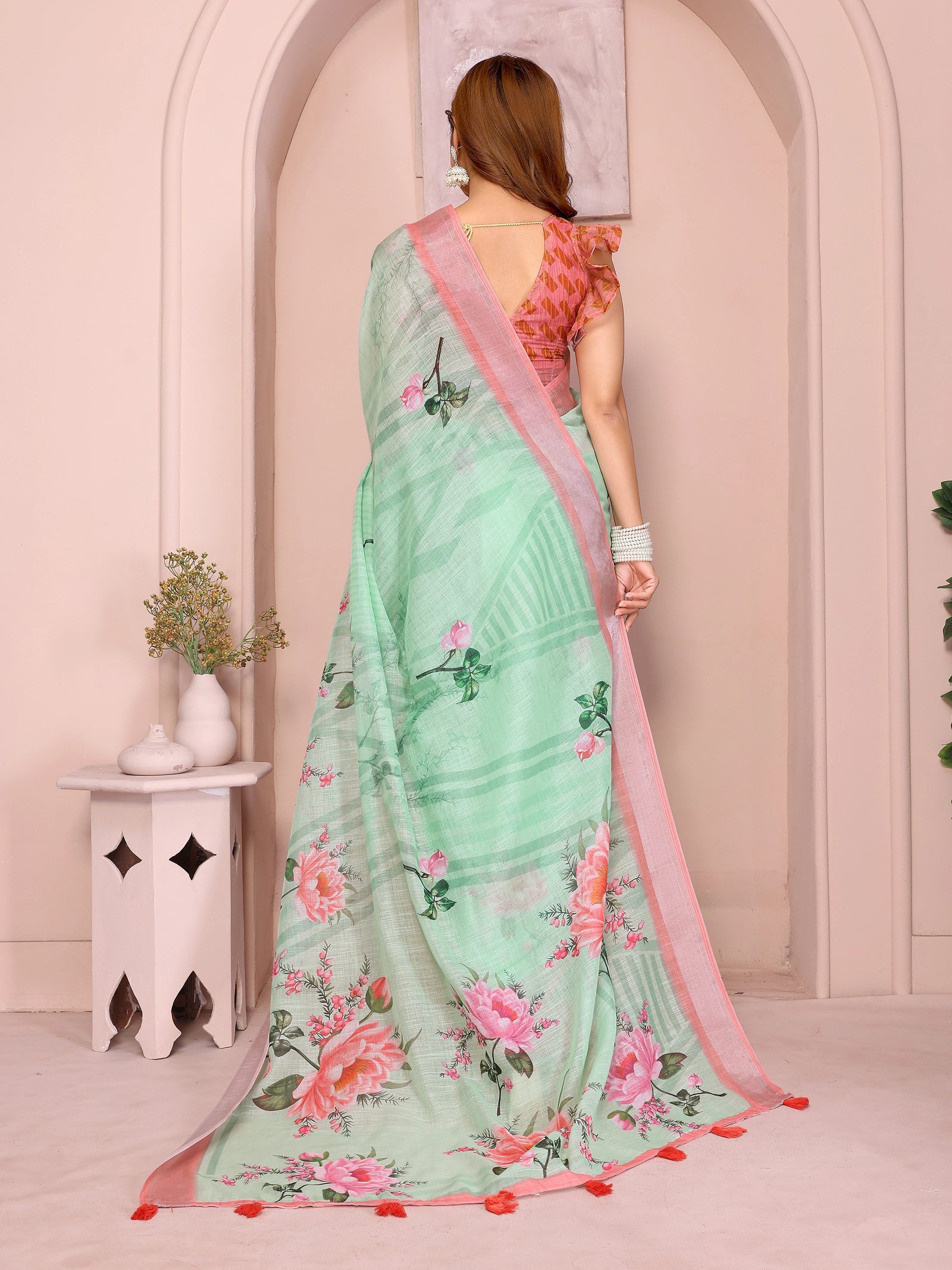 Mint Green Digital Floral Print Saree back view – large pink peony pallu with contrast pink border spread full