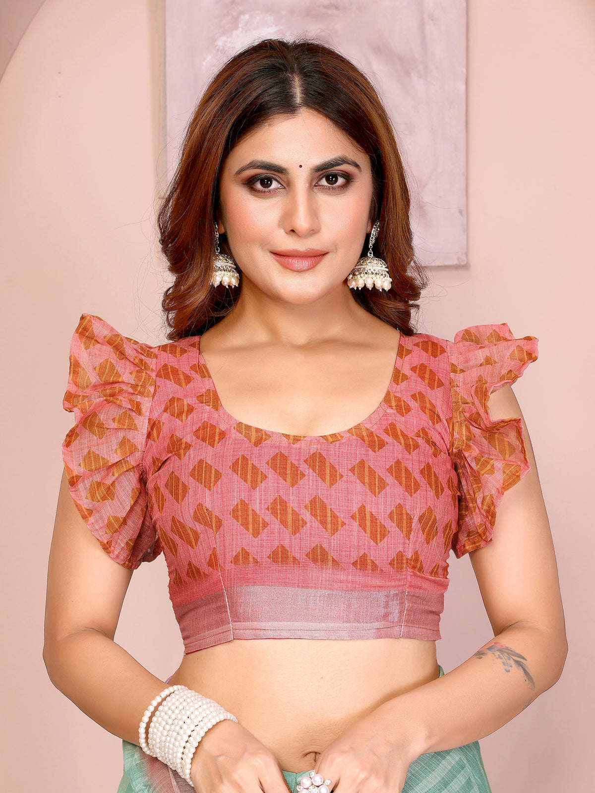 Mint Green Digital Floral Print Saree – pink orange geometric print running blouse piece with ruffle sleeves