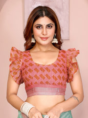 Mint Green Digital Floral Print Saree – pink orange geometric print running blouse piece with ruffle sleeves