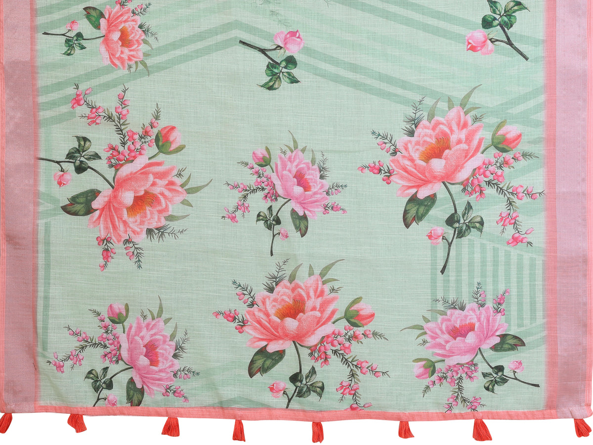 Mint Green Digital Floral Print Saree flat lay – full saree and blouse piece, pink peony print with coral tassel border