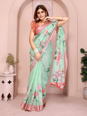 Mint Green Digital Floral Print Saree on model – romantic pink florals on mint linen cotton with ruffle blouse