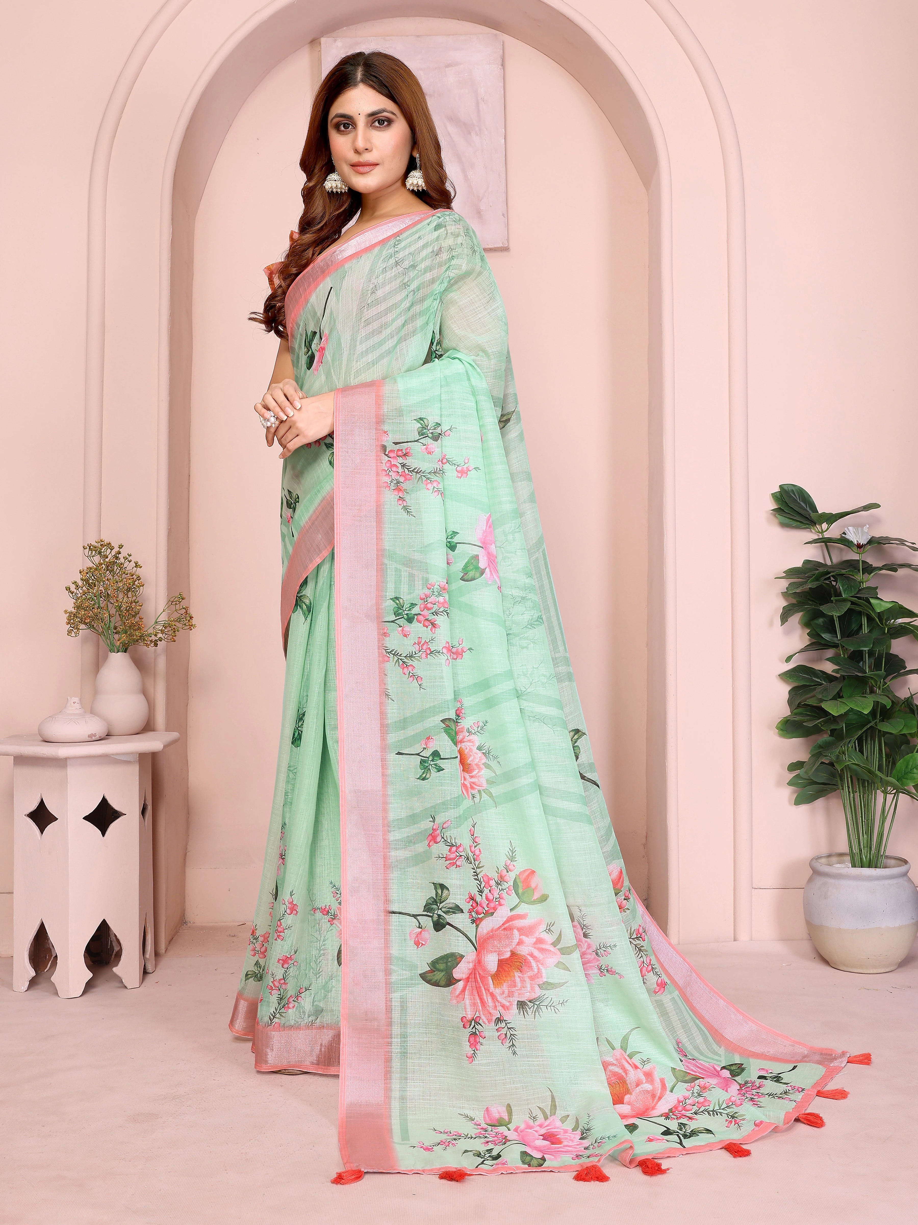Mint Green Digital Floral Print Saree side drape – peony floral pallu with pink shimmer border and coral tassels