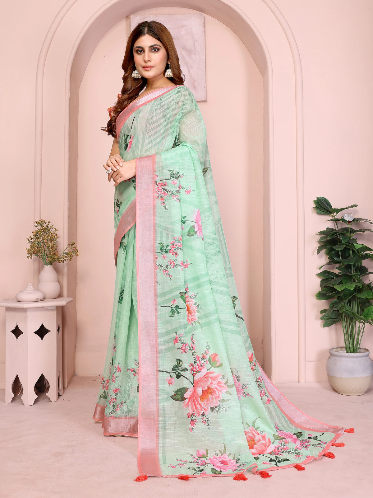 Mint Green Digital Floral Print Saree side drape – peony floral pallu with pink shimmer border and coral tassels