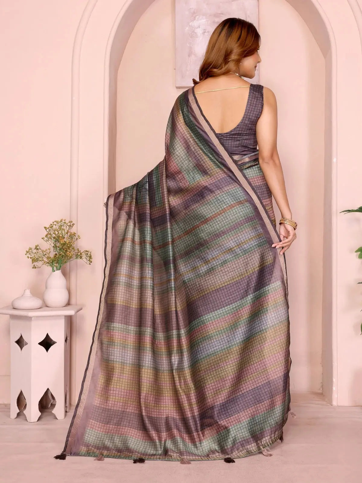 Multicolor Digital Print Chanderi Saree – back view showing full pallu spread