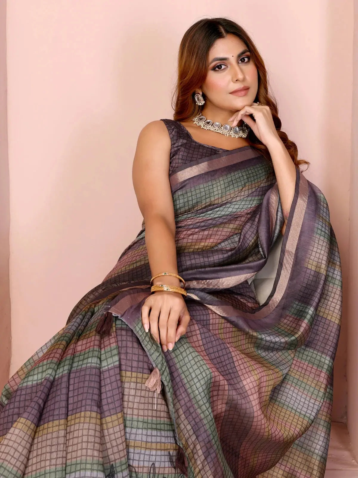 Multicolor Chanderi Saree – close-up seated view showing check print detail