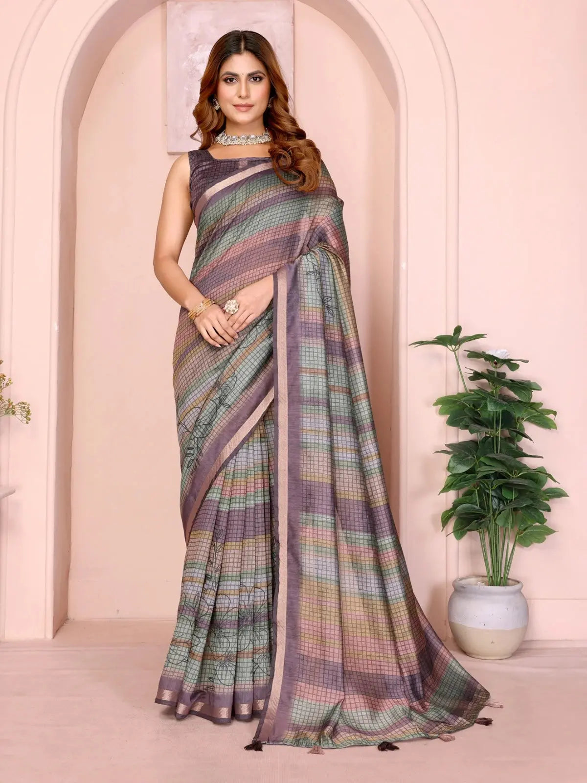 Multicolor Digital Print Chanderi Saree – standing front drape view on model