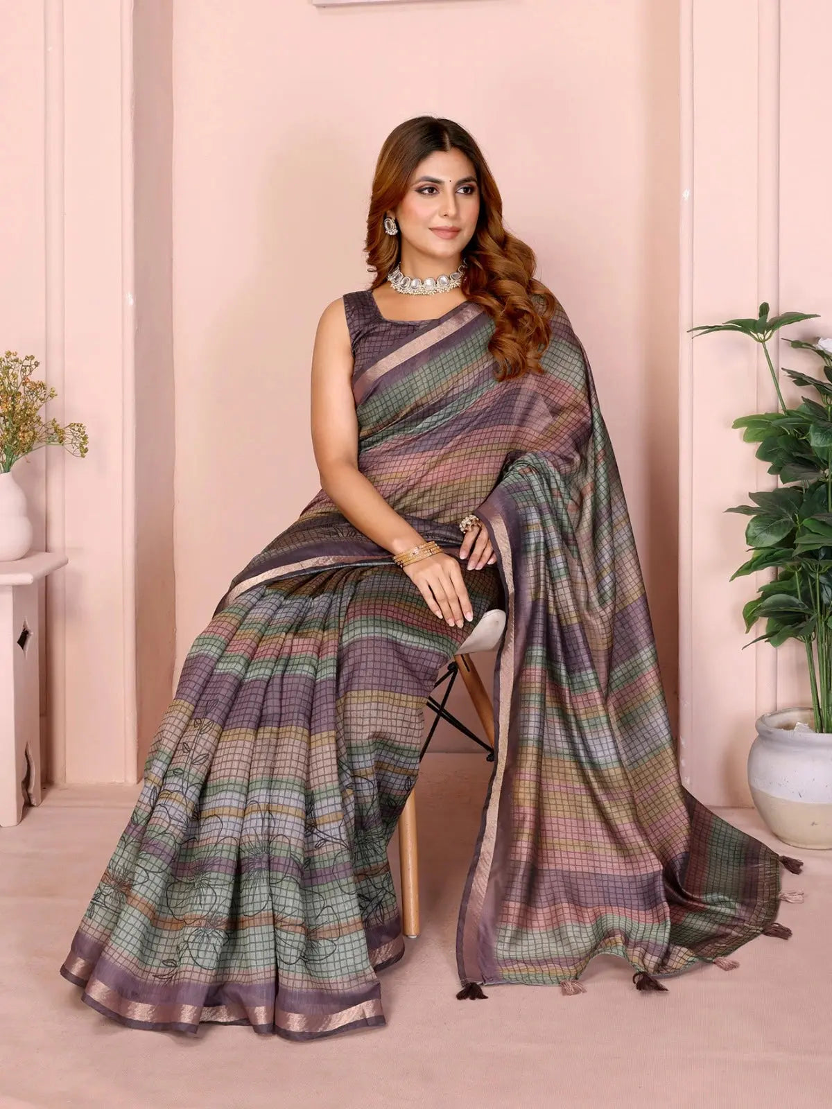 Multicolor Chanderi Saree – seated full drape view with multicolour check body