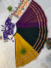 Top-down flat lay of multicolor lehenga full spread showing three panels and choli with dupatta