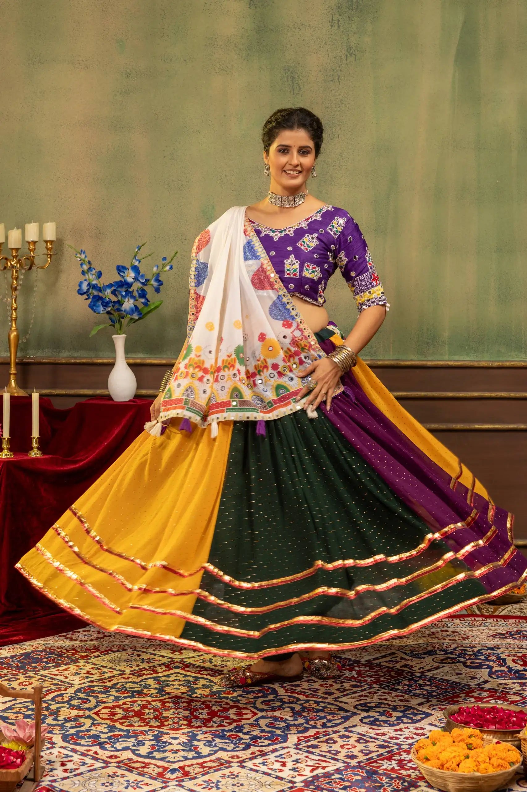 Multicolor hot fix diamond lehenga with Kutchi choli, twirling front view showing three-panel skirt