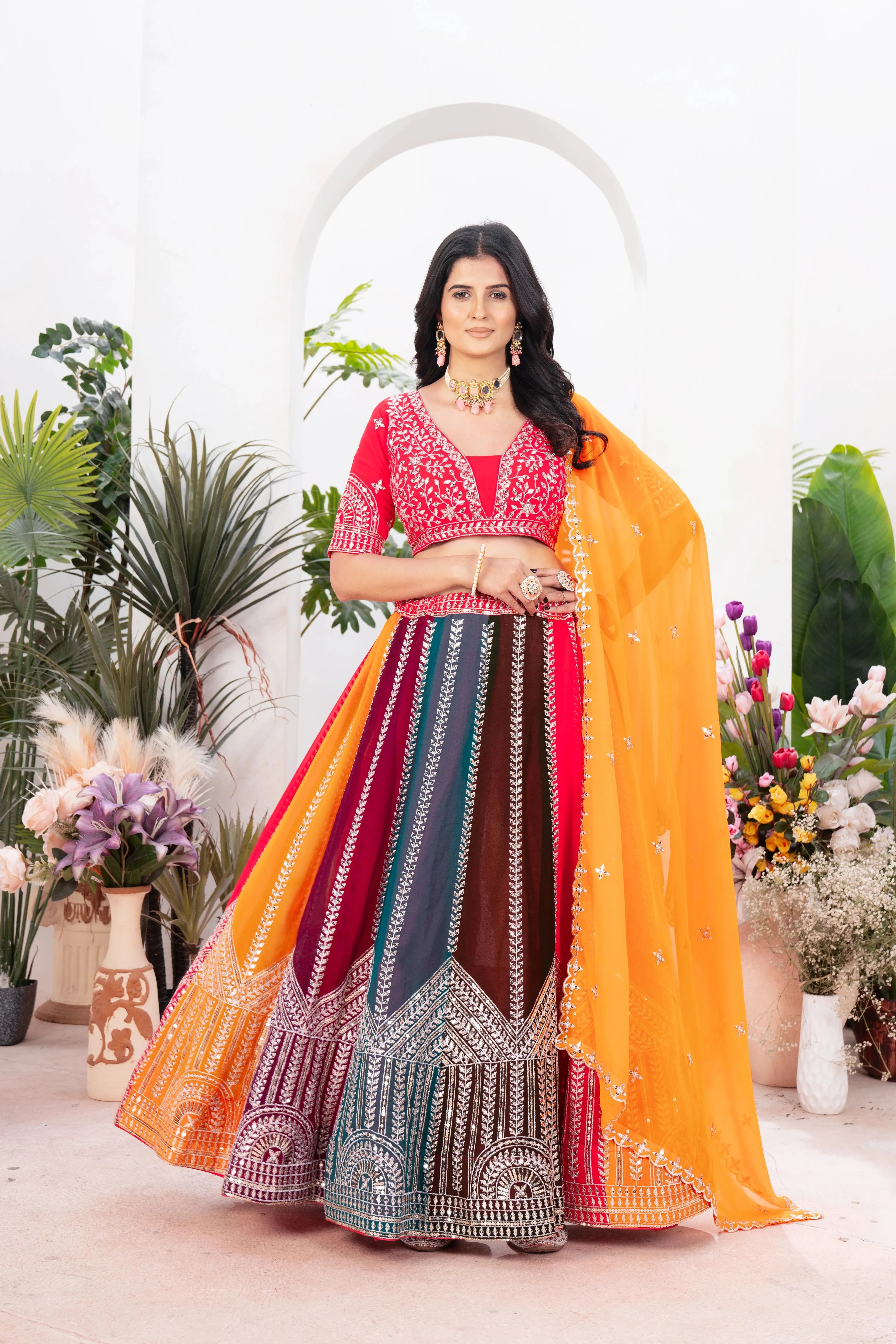 Multicolor Zari Embroidered Lehenga with sequins work, faux georgette, front view with orange dupatta