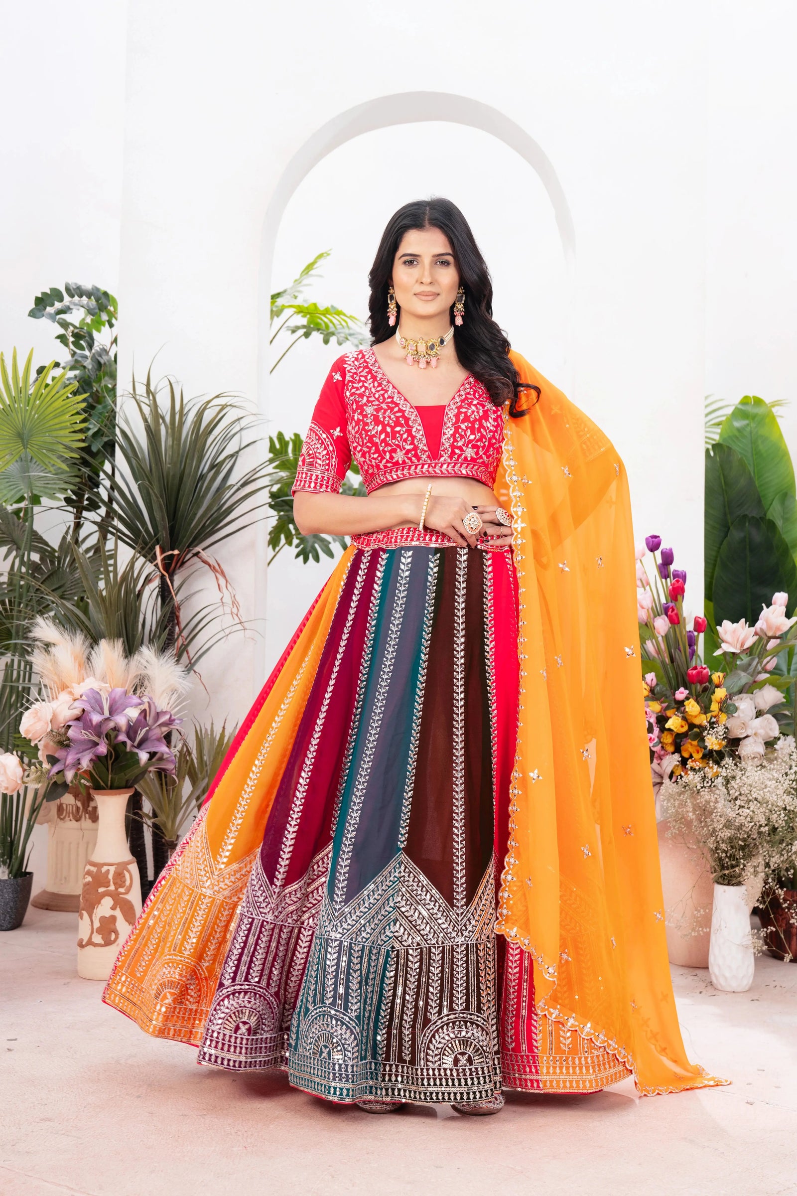 Multicolor Zari Embroidered Lehenga with sequins work, faux georgette, front view with orange dupatta