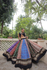 Shopify product listing showcasing multicolor digital print cotton lehenga with intricate embroidery and lace work.
