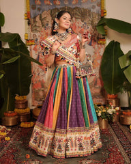 Multicolor Digital Print with Mirror Lace Work Heavy Muslin Cotton Lehenga