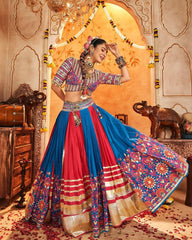 Woman in a colorful traditional outfit with a vibrant background