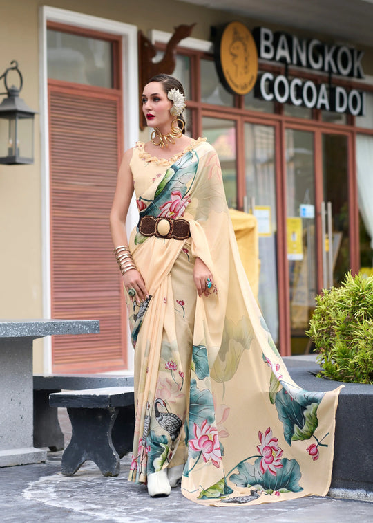 Woman in a floral saree standing outside a building with 'Bangkok Cocoa' sign.