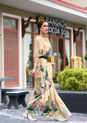 Woman in a floral dress standing in front of a building with 'Bangkok Cocoa' sign.