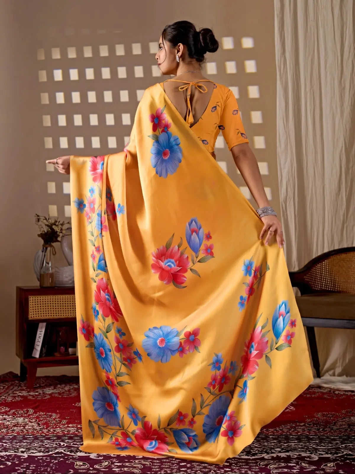 Mustard Yellow Digital Floral Print Saree – back view with blouse back detail