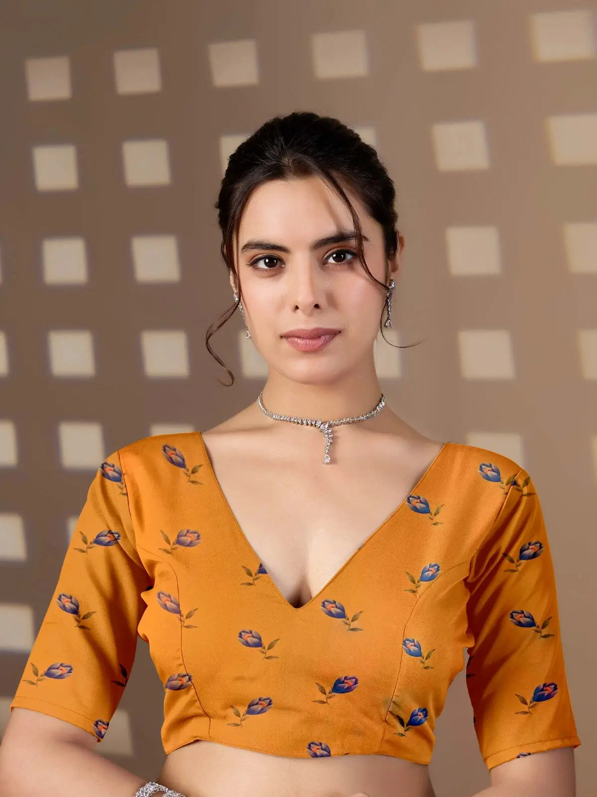 Mustard Yellow Saree blouse piece – V-neck with small tulip floral print