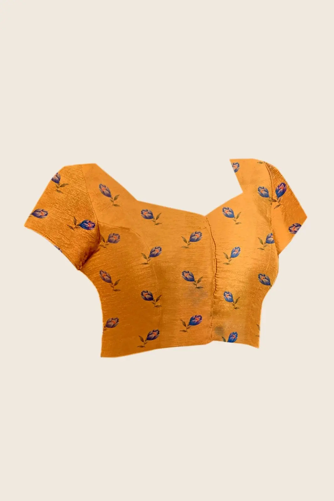 Mustard Yellow Digital Floral Print Saree blouse piece flat lay