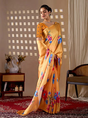 Mustard Yellow Soft Satin Georgette Saree – elegant front drape
