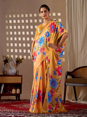 Mustard Yellow Floral Print Saree – full front view with flowing pallu
