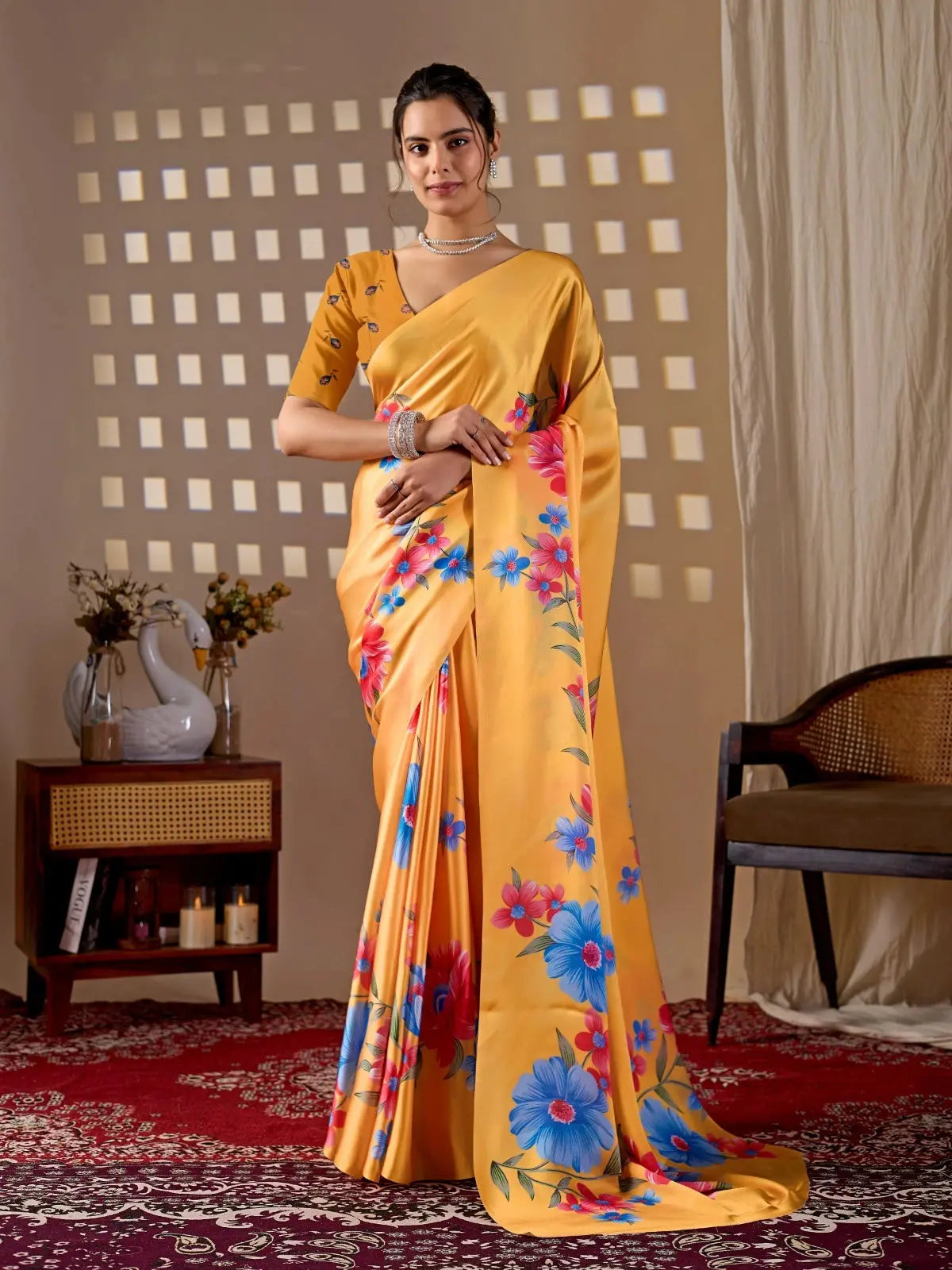 Mustard Yellow Digital Floral Print Saree – front drape view on model