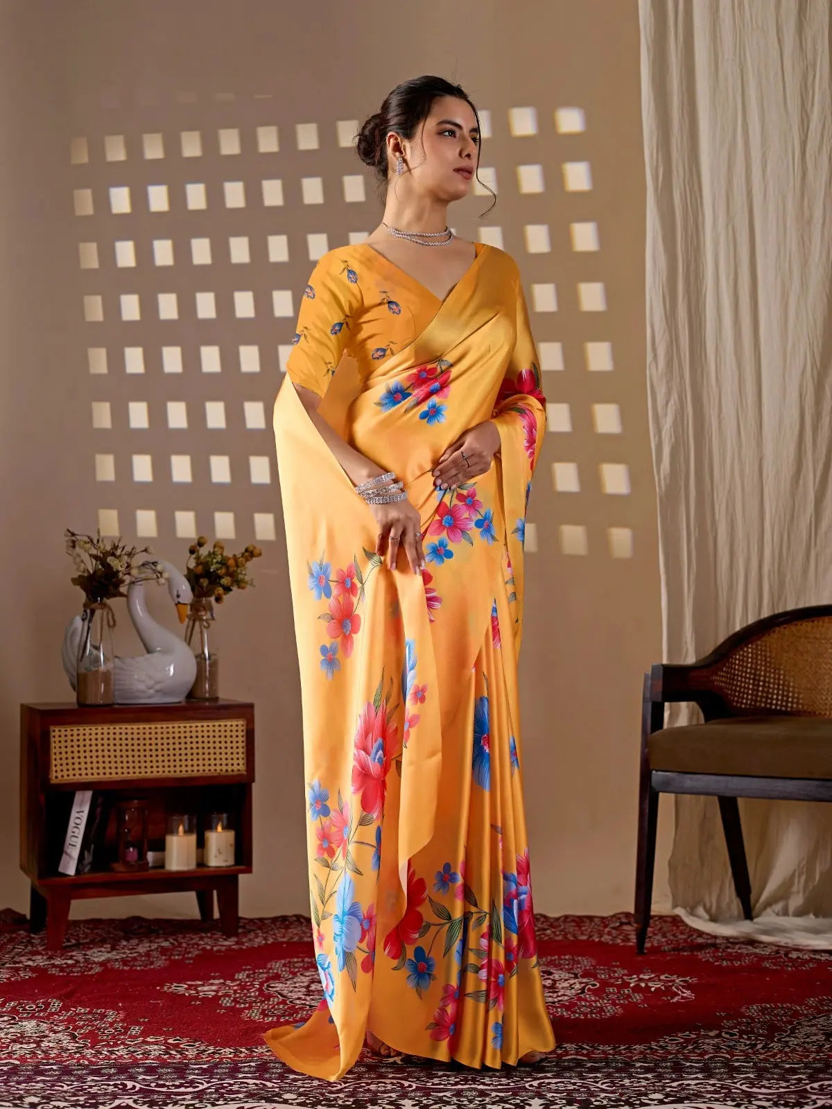 Mustard Yellow Digital Floral Print Saree – three-quarter side view