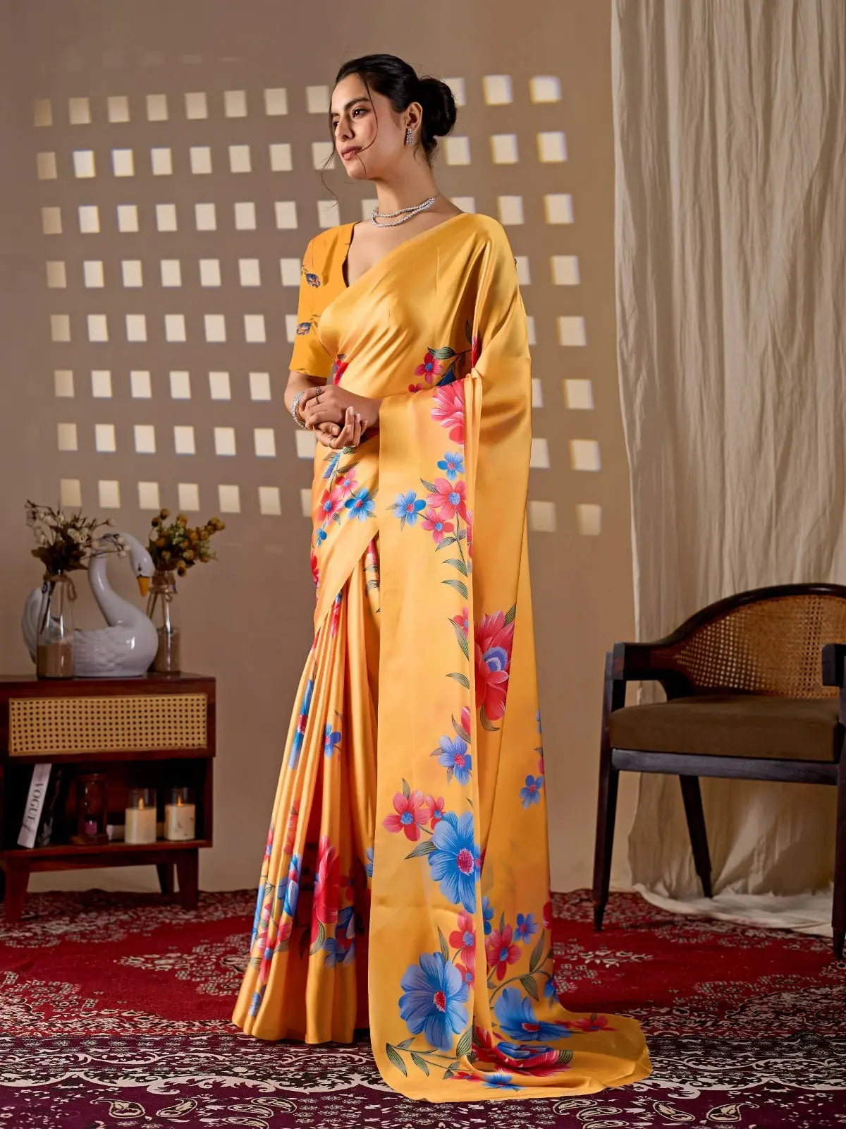 Mustard Yellow Saree – side drape view showing digital floral print