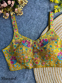 Mustard Yellow Embroidery Sequins Work Silk Blouse