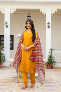 Mustard Yellow Chikankari Work Roman Silk Kurti