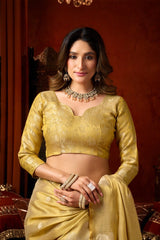 Woman in a yellow saree with a red background