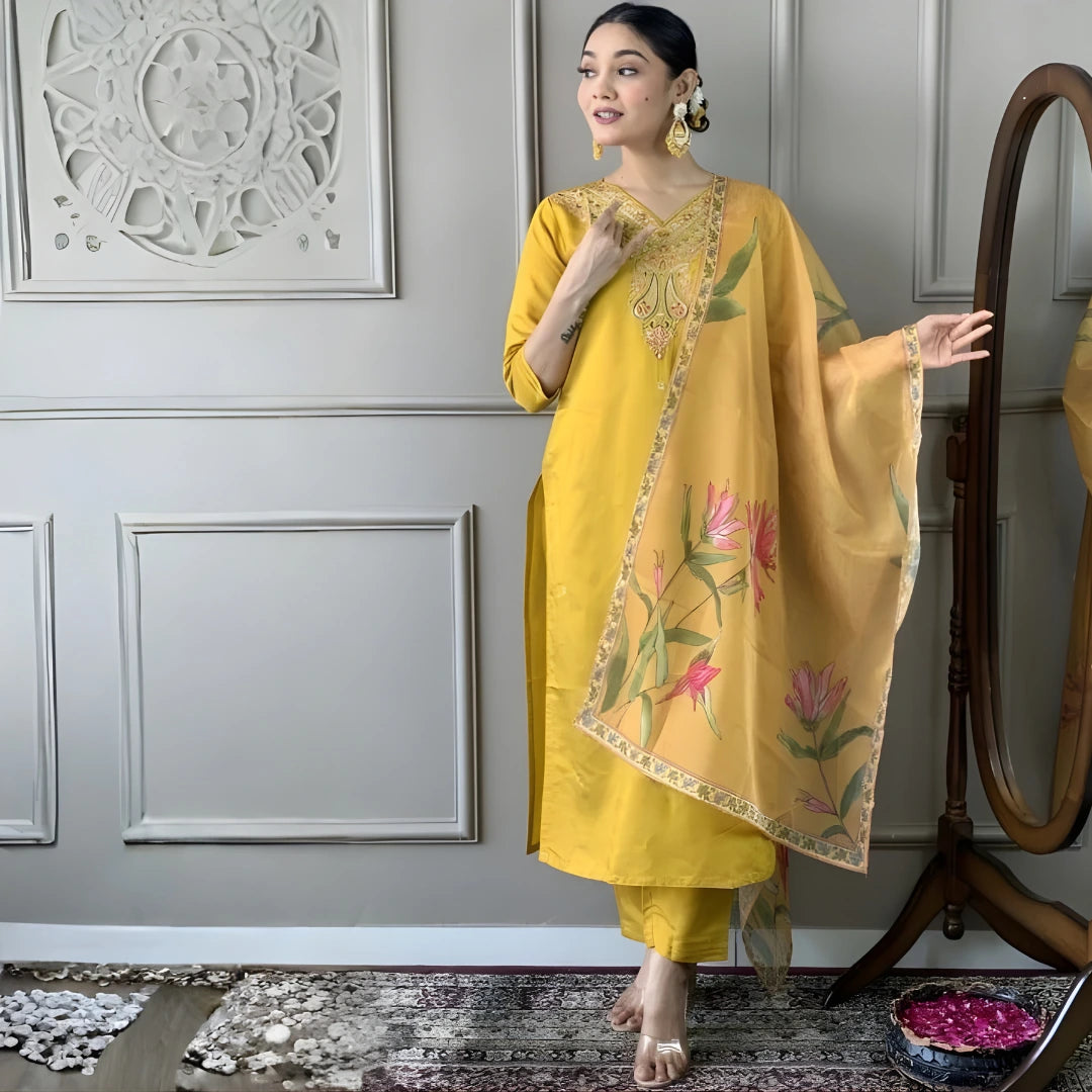 Woman in a yellow traditional outfit with floral patterns standing against a decorative wall.