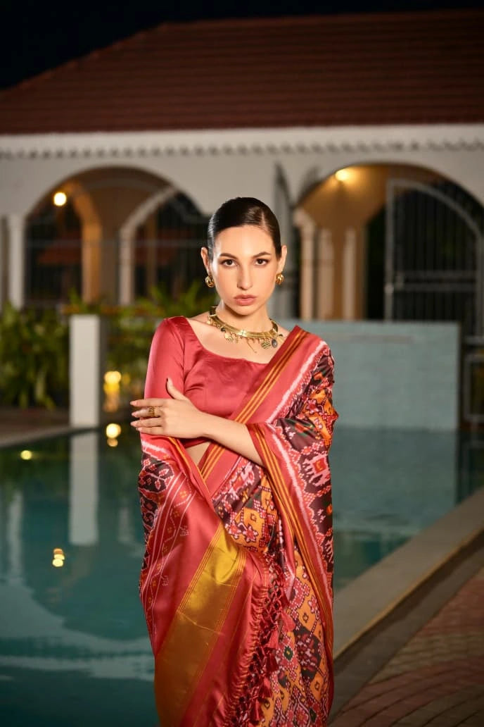 Shopify product page highlighting mustard yellow Ikkat Patola silk saree for purchase