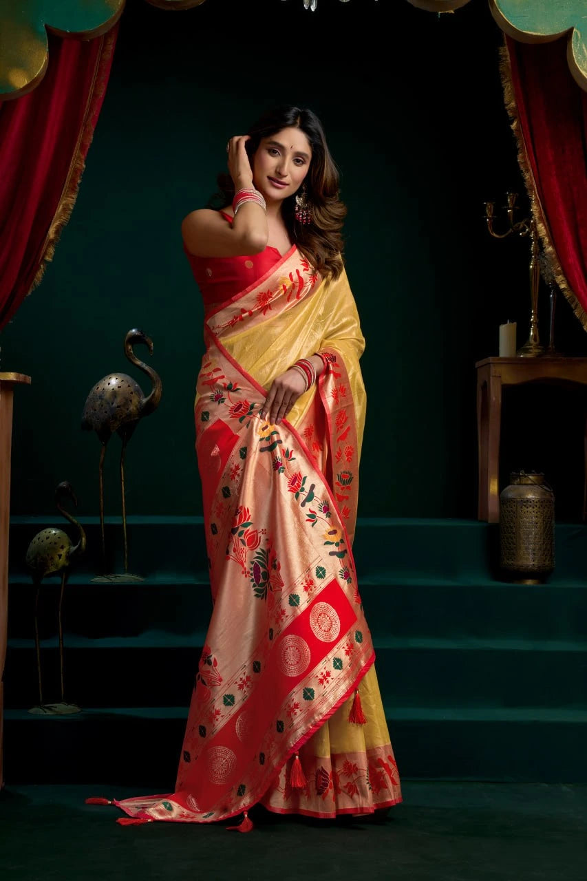 Woman in a colorful saree posing in a decorative setting with red curtains and dark background.