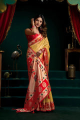 Woman in a colorful saree posing in a decorative setting with red curtains and dark background.
