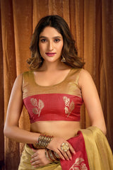 Woman wearing a traditional saree with a red blouse against a brown curtain background
