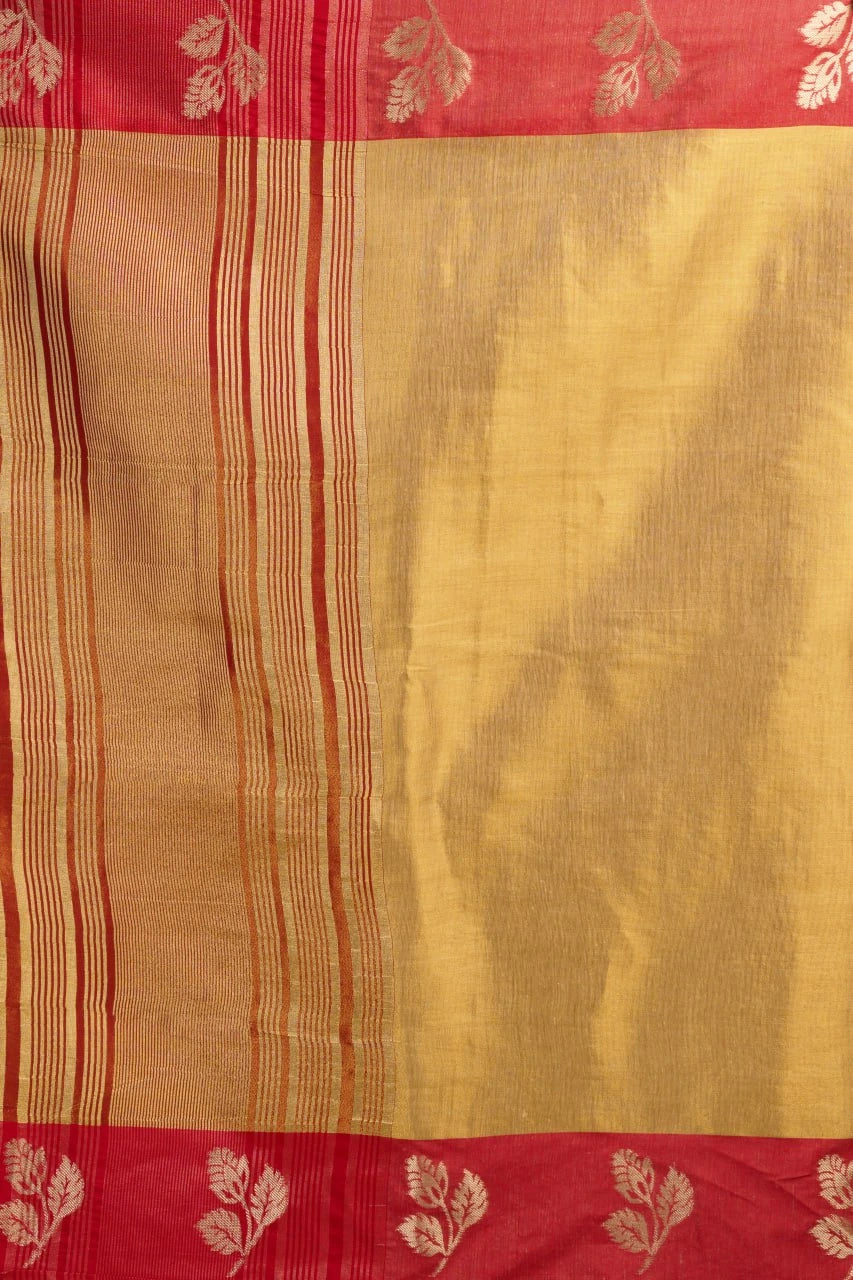 Saree with red and gold stripes and leaf patterns