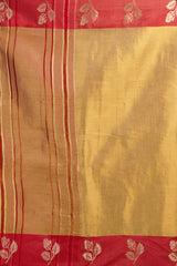 Saree with red and gold stripes and leaf patterns