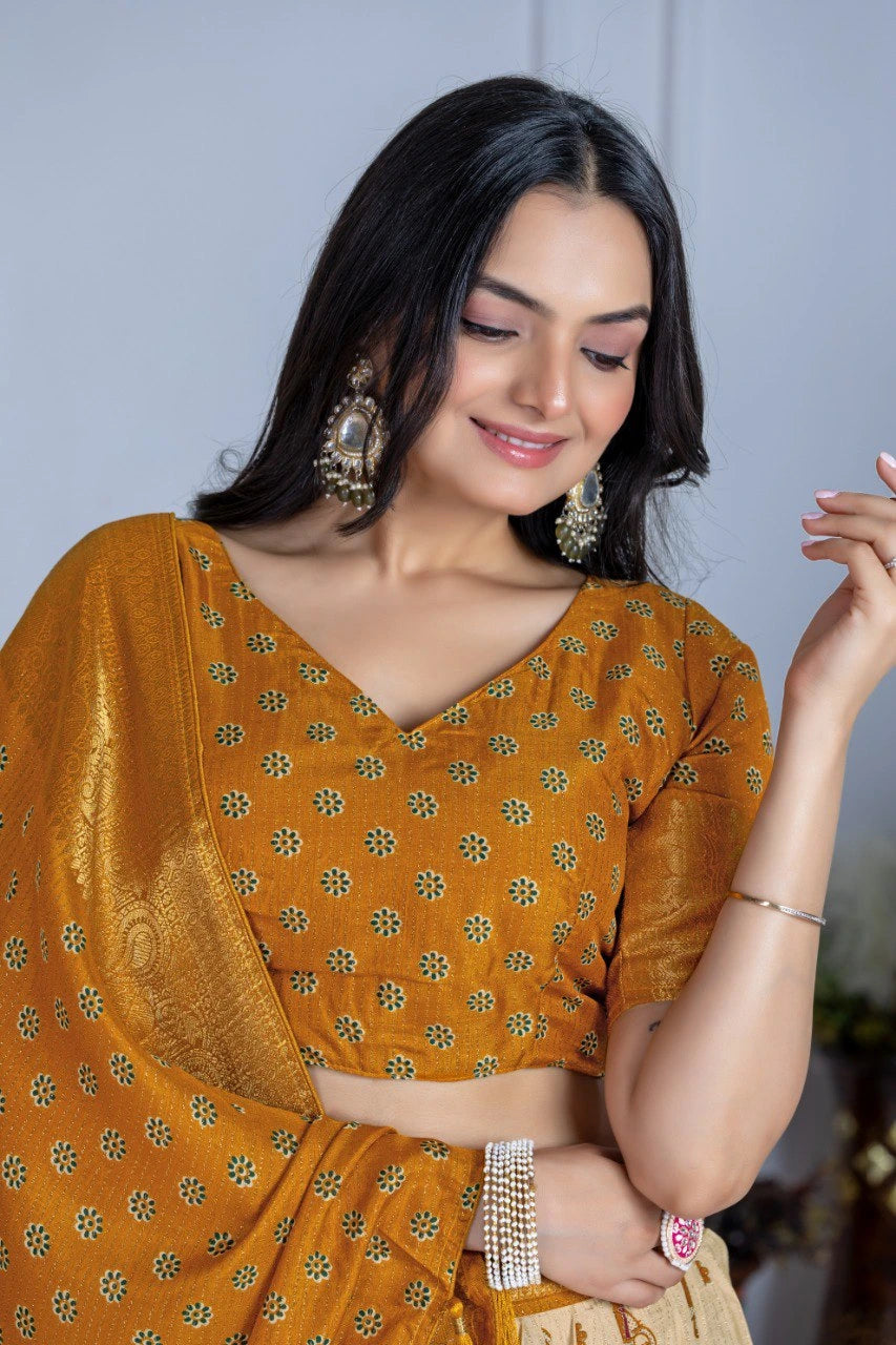 Woman wearing a mustard yellow saree with a subtle pattern, posing against a neutral background.