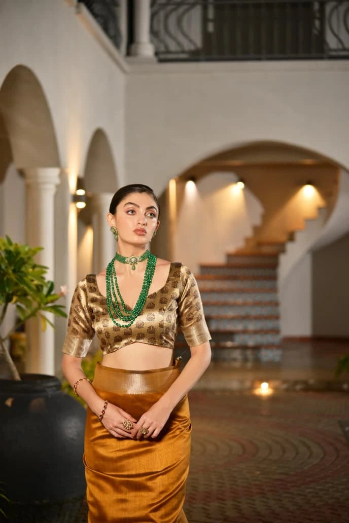 Woman in traditional attire with green jewelry in a decorative interior setting