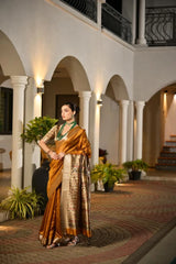 Woman in a traditional saree standing in an elegant indoor setting with arches and plants.